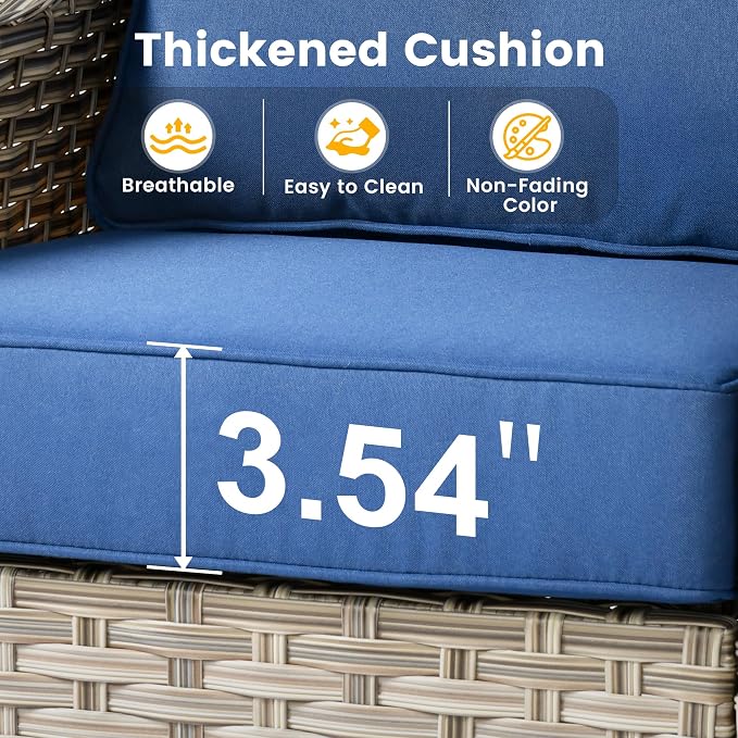 Outdoor Swivel Rocker Patio Chairs,Wicker Glider Swivel Rocking Chair Set of 2,Patio Rocking Swivel Chair Set with Rattan Side Table, Navy Blue