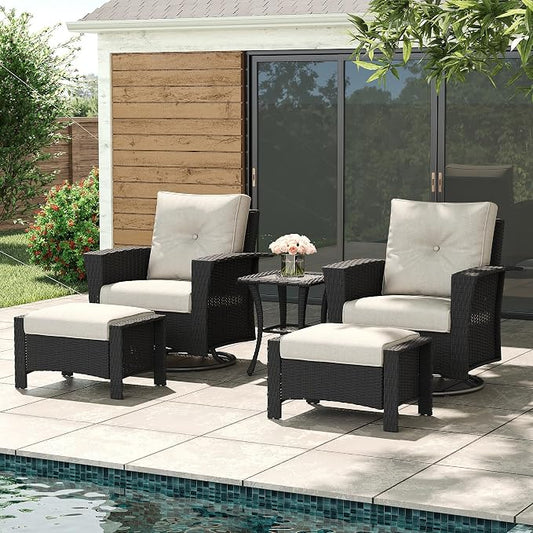 LayinSun 5 Piece Wicker Patio Furniture Set, Classis Outdoor Conversation 360 Degree Swivel Chairs Set with Coffee Table