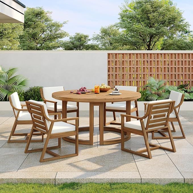 Merax 7 Pieces Outdoor Dining Set for 6 People, Acacia Wood Patio Furniture Sets with Round Table and Six Cushioned Chairs for Backyard, Garden, Lawn, Poolside, Tabletop with Umbrella Hole, Light Teak