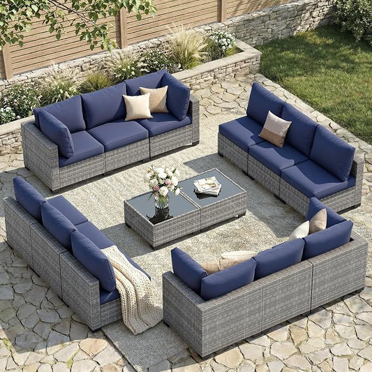FHFO 14 Piece Outdoor Wicker Patio Furniture Set, Grey/Blue | Sectional Sofa | All-Weather Hand-Woven Rattan | Tempered Glass Coffee Table | Free Combination | Indoor & Outdoor Use