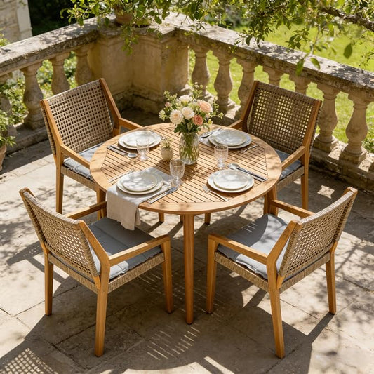 Christopher Knight Home Pelham Wooden Patio Dining Set for 4, Acacia Wood Outdoor Dining Table Set for 4, 5 Piece Outdoor Dining Set with Round Table and Armchair with Seat Cushion, Teak+Grey