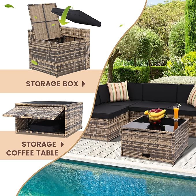 KROFEM 8 Piece Patio Furniture Set, Outdoor Modular Conversation Set, Black | UV Treated Wickers, Machine Washable Cushions, Seats 6, 2 Hidden Storage Compartments, Rustproof Frame, Waterproof