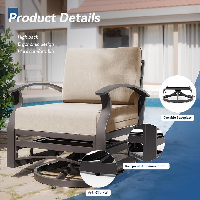 Kurapika 5 Piece Modern Metal Outdoor Conversation Sets, Patio Furniture Set, 4 Aluminum Swivel Chairs w/48in Round Propane Fire Pit Table and Thickened Cushions, Sand