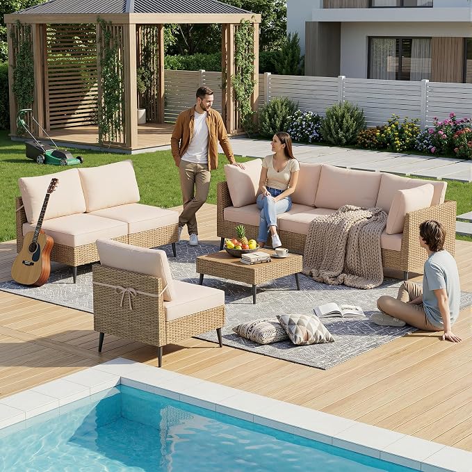 Outdoor Patio Furniture Sets,7 Pieces Outdoor Sectional Sofa PE Rattan Patio Conversation Sets with Composite Wood Coffee Table Resistant Thick Cushions Outdoor Sectional Furniture (Khaki)