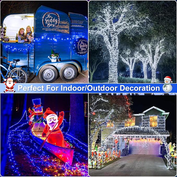2 Pack Christmas Lights Outdoor, Total 200FT 600 LED Christmas Tree Lights | 1 Pack Blue & 1 Pack White, Plug in Waterproof 8 Modes String Lights for Outside Patio Garden Xmas Decorations