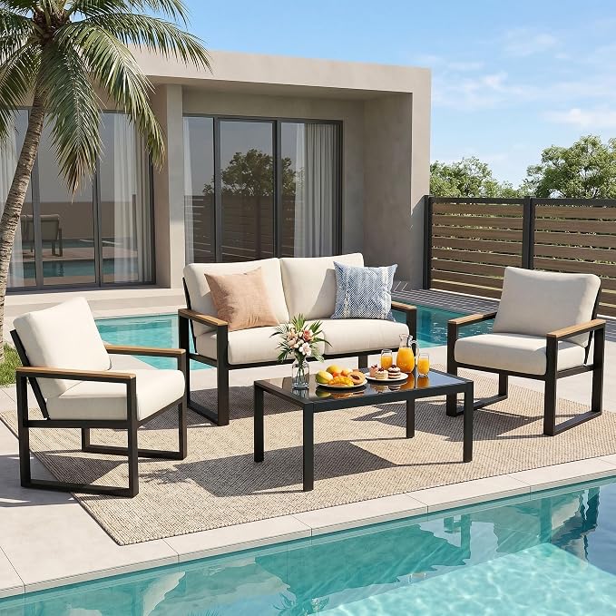 NATURAL EXPRESSIONS 4 Pieces Patio Furniture Sets,Metal Outdoor Patio Furniture Sets,Outdoor Sectional Patio Conversation Set,Wooden Anti-Scald Armrest,Sling Mesh,4" Olefin Cushions