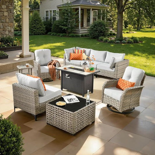9 Pcs Patio Furniture with Fire Pit Table, Outdoor Rattan Wicker Conversation Set with Glowing Coffee Table, Comfy Sectional Sofa for Porch Balcony Backyard Pool, Light Grey