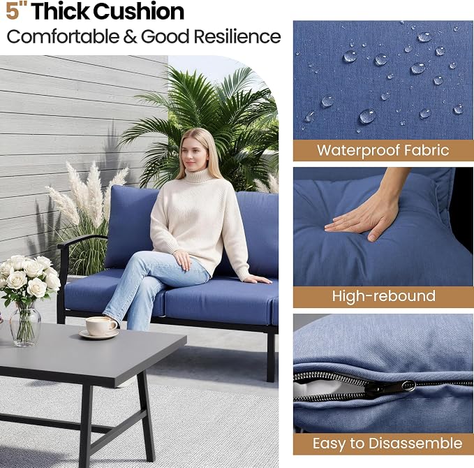 4 Piece Patio Furniture Set, Metal Outdoor Patio Furniture Set, All Weather Modern Couch Sofa with Comfortable Cushions & Coffee Table, Metal Conversation Set for Balcony, Porch, Deck (Navy)