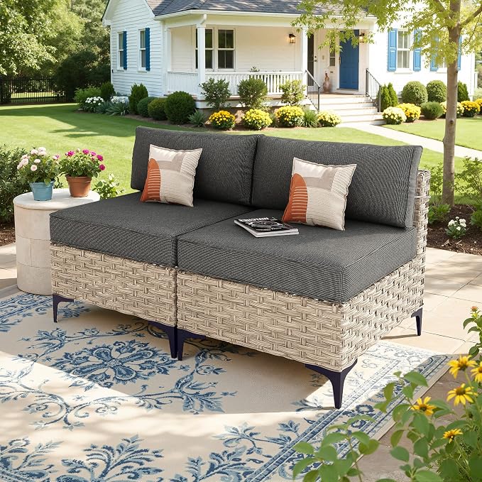 2 Pieces Patio Sectional Furniture Set, Outdoor Wicker Sectional Couch Middle Seats, Modern Conversation Set for Porch Balcony Backyard, Black