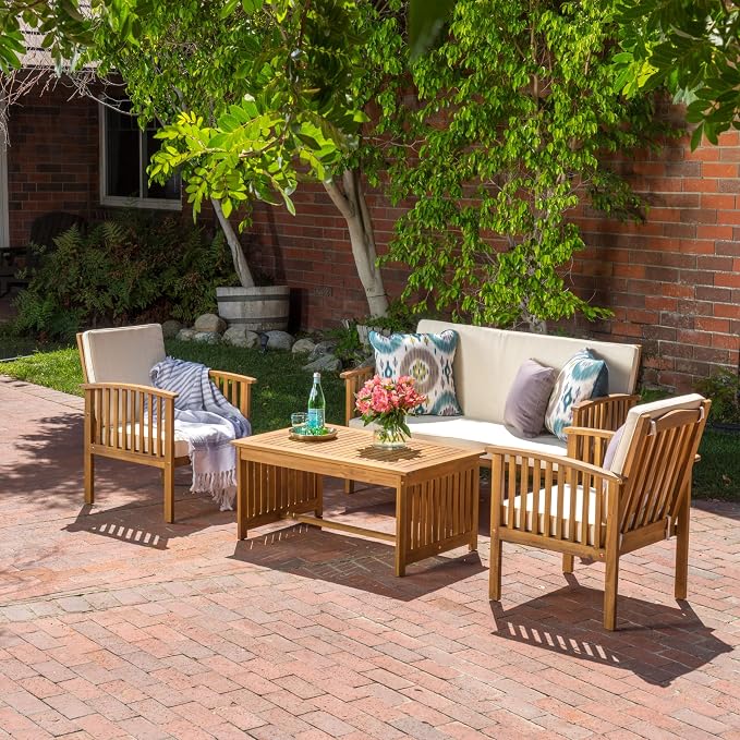 Christopher Knight Home 4-Piece Outdoor Patio Furniture Set, Acacia Wood Chat Set with Loveseat Coffee Table and 2 Chairs Cushions, Modern Backyard Garden Conversation Set, Light Wood