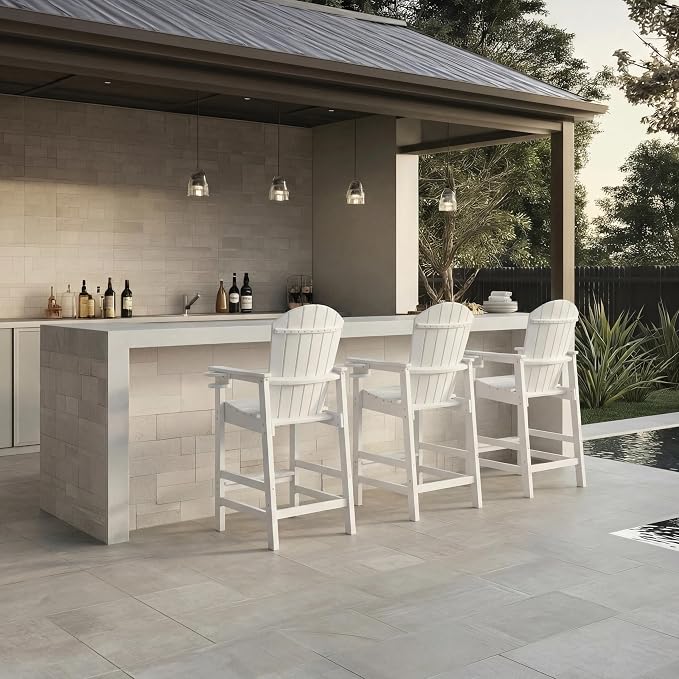 WILLIAMSPACE Patio Bar Chair Bar Stool, Outdoor All Weather HDPE Height Adirondack Chair with Armrests & Cup Holder, 1-Piece Counter Height Chair for Pool, Garden, Kitchen, ONLY Chair (White)