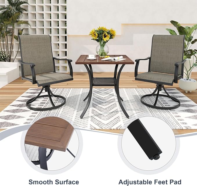 VICLLAX Patio 3 Pieces Outdoor Bistro Table Set, Wrought Iron Metal Furniture with 28" Square Table and 2 Stackable Chairs, Patio Dining Set for Patio, Lawn, Garden, Porch, Walnut/Black
