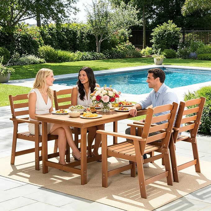 FUNBERRY Outdoor Dining Table, HDPE 6-Person Patio Table with Umbrella Hole | Wood-Grain, HDPE All Weather, No Rot or Rust or Crack, UV Fade Shield, 220LBS Weight Capacity, Easy-Clean for Outside