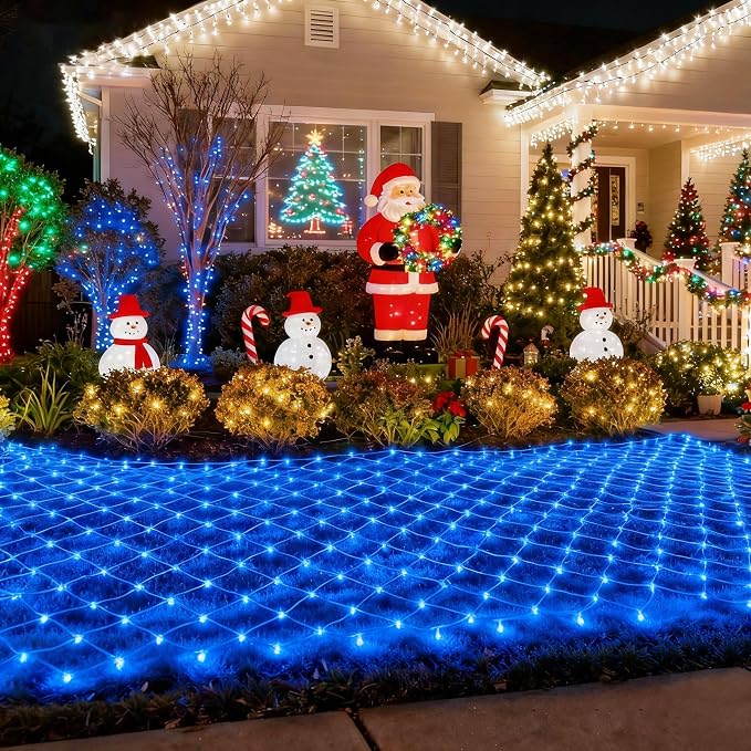 Blue Net Lights, 15x 5ft Christmas Bush Lights Outdoor Green Wire | 300 LED Large Net Mesh Lights Plug in, 8 Modes Waterproof Connectable Bushes Lights for Halloween Hedge Yard Decor