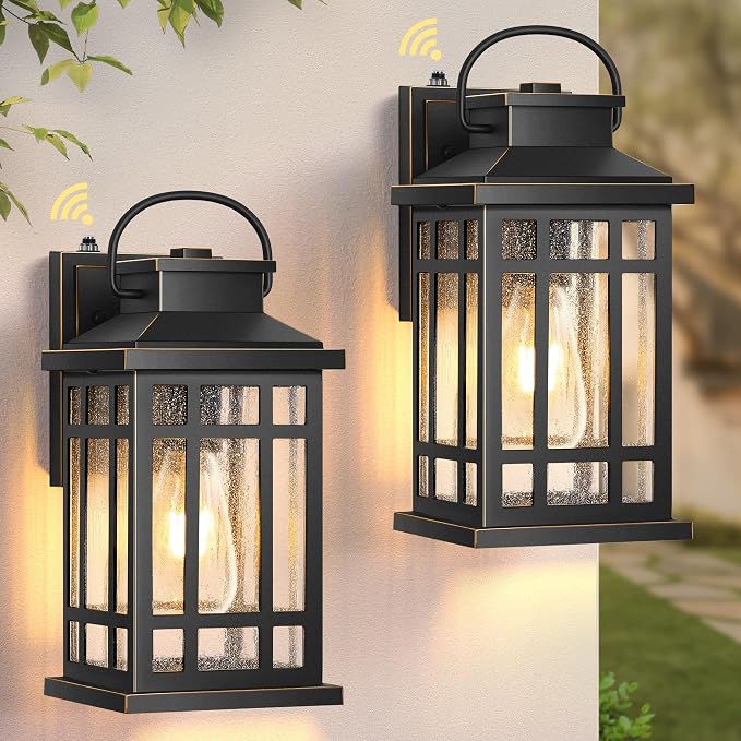 Dusk to Dawn Outdoor Lighting, Black 2 Pack Outside Lights for House with Gold Trim, Modern Exterior Light Fixtures, Outdoor Wall Lanterns for Porch, Garage, Doorway, Anti-Rust, Waterproof