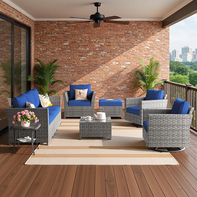 CAODOC Fully Assembled & Spacious 9-Pc Outdoor Sofa Set, Patio Rattan Conversation Group with Rocking Chair and Tea Table