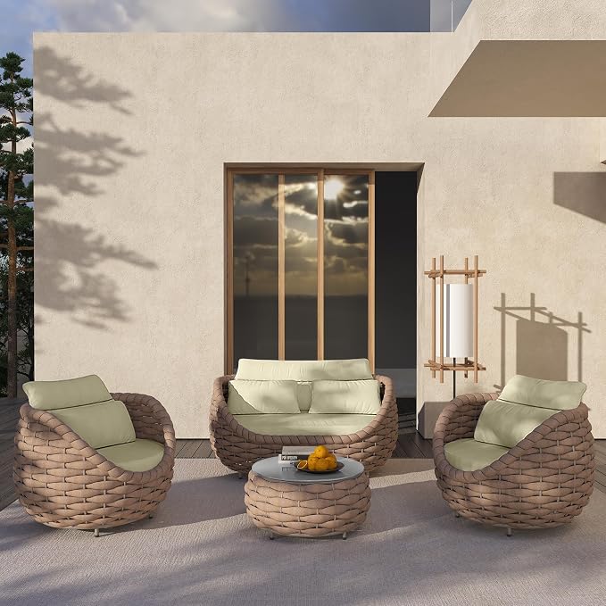 TWT 6-Piece Aluminum Patio Furniture Set, Olefin Rope Modern Outdoor Conversation Set Sectional Sofa with Water Repellent Thick Cushions and Coffee Table for Balcony, Garden, Light Brown