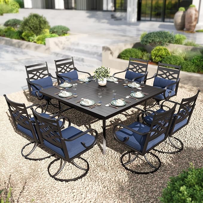 PHI VILLA Square Outdoor Table for 8, Black Metal Table w/Umbrella Hole | 57.5" large wrought iron table. Slatted top design, weather resistant. Perfect for patio, deck, porch, backyard.