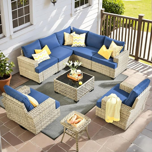 9 Pcs Outdoor Sectional Patio Furniture Set with Swivel Rocking Chairs - All Weather Wicker Modular Outside Sectional Couch,Patio Seating Outdoor Conversation Set for Deck Yard Garden,Navy Blue
