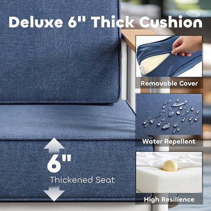 Luxury Outdoor Furniture Set with Swivel Chairs, 10 PCS Patio Furniture Set with 6" Extra Thick Cushions, Suitable for Porch, Balcony, Deck, Patio, Yard, Poolside, White/Blue