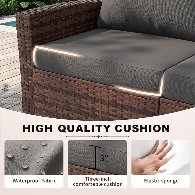 UDPATIO Patio Furniture Set, Outdoor Furniture Sets with Loveseats Sofa, Wicker Rattan Outdoor Conversation Set with Storage CoffeeTable for Backyard, Deck, Porch, Brown/Grey