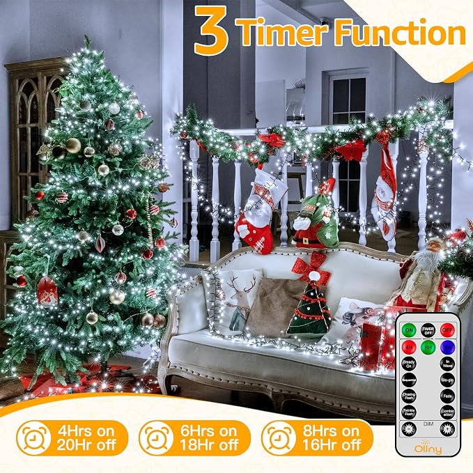 Ollny Cluster Lights Christmas 400LED 20FT, Cool White Christmas Tree Lights 8 Modes Timer Remote, Waterproof Connectable String Lights for Outdoor Indoor Outside Garland Xmas Decorations