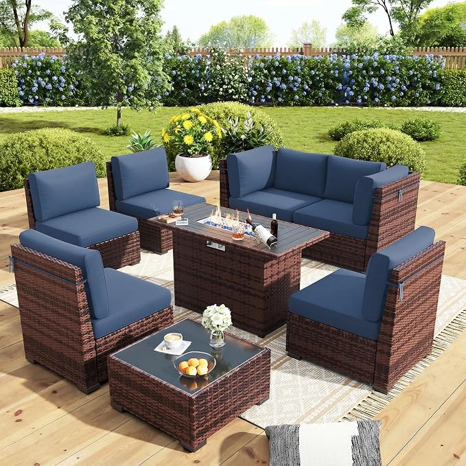 Outdoor Patio Furniture Set with 44" Fire Pit Table 8 Pieces Rattan Patio Sectional Sofa Conversation Set w/55000 BTU Propane Gas Fire Pit, Coffee Table, 2 Waterproof Covers, Blue