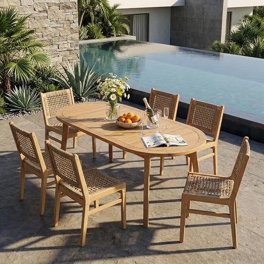 Christopher Knight Home Chuse Acacia Wood Dining Table Set for 6, Solid Wood Outdoor Dining Set for 6, 7 Piece Oval Patio Dining Table and Chair Set with Wicker Seat & Back, Light Brown + Light Teak