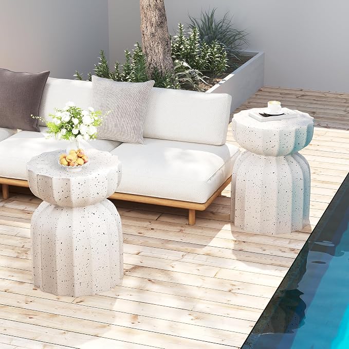 35.43" Concrete Outdoor Table,Modern Round Stone Coffee Table,Waterproof Outdoor Coffee Table for Patio for Terraces, Gardens, Backyards and Living Rooms (White, 13"*13 * 17)