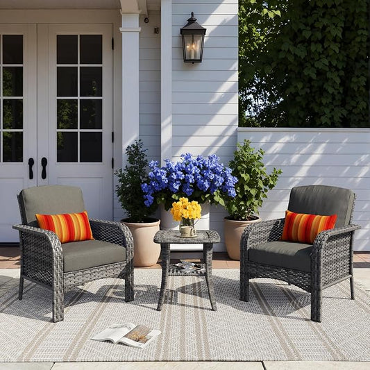 HOOOWOOO Patio Furniture Set,3 Pieces Outdoor Conversation Set,All Weather Wicker Bistro Set Yard Porch High Back Chairs Side Table,Black