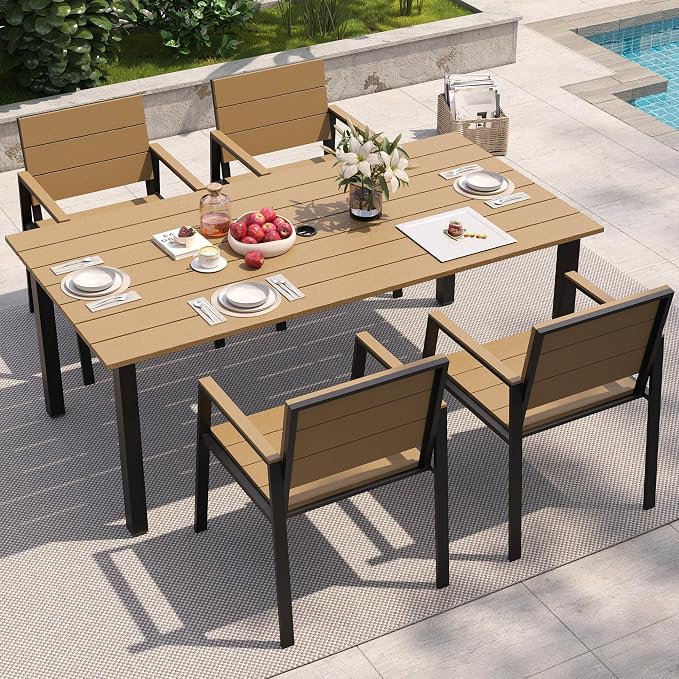 Outdoor Table and Chairs for 4 Aluminum Patio Dining Set with Umbrella Hole | All Weather,HDPS Material,Oversized,5 Piece,for Backyard,Rot-Fade-Crack Proof,Maintenance-Free,Sturdy,Heavy-Duty,Chocolate