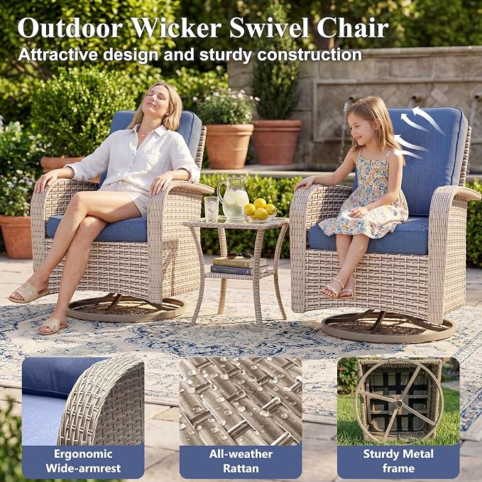Patio Furniture Set, 10-Piece Outdoor Sectional Sofa with Swivel Rocker Chairs & 2-Layer Glass Coffee Table, Wicker Patio Conversation Set with Blue Cushions