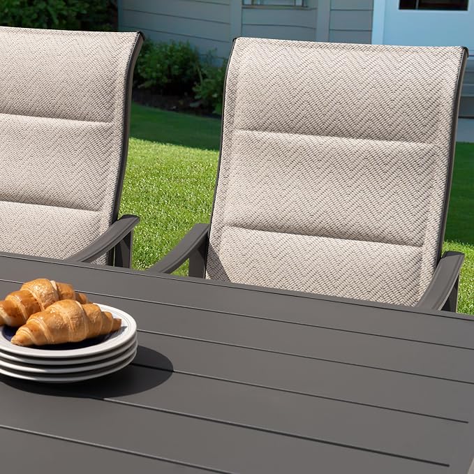 NUU GARDEN 7-Piece Outdoor Patio Dining Set - 6 Textilene Dining Chairs & 60.6" Table with Umbrella Hole, Weather-Resistant Furniture for Yard Porch Poolside Garden, Beige