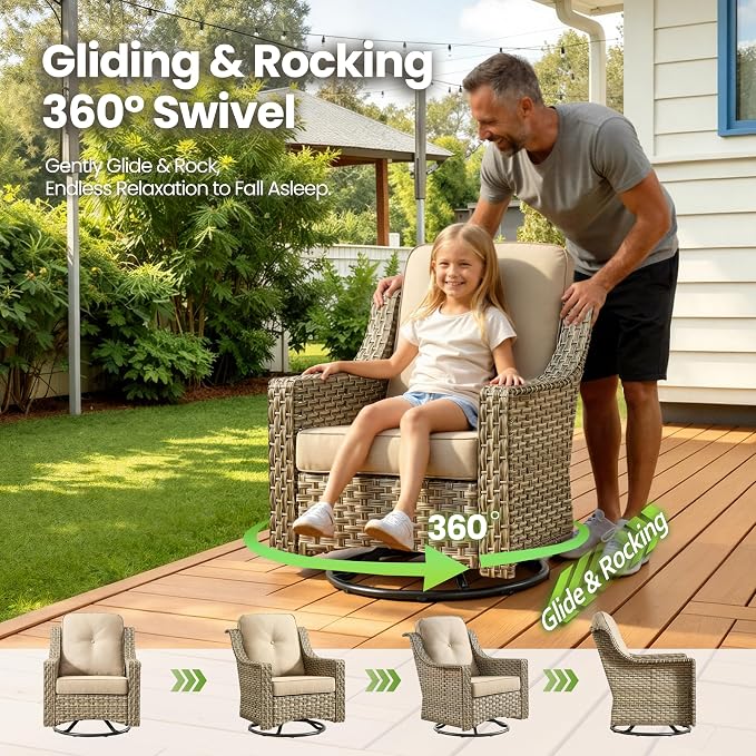 6 Piece Patio Furniture Set with Fire Pit Table, Conversation Sets with High Back Swivel Rocker Chairs, Outdoor Wicker Sofa Loveseat with Comfy Cushion for Backyard Deck Garden, Beige