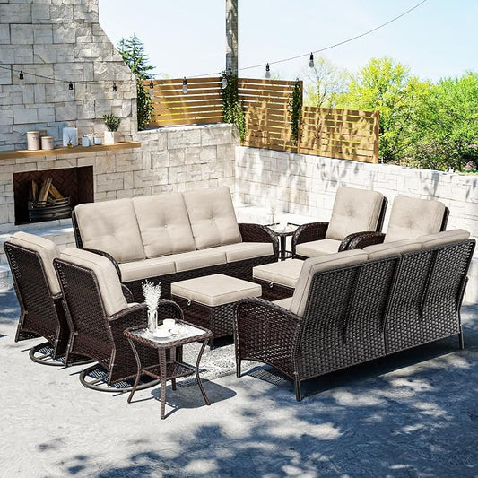 Joyside Wicker Patio Furniture Set, 10 Piece Outdoor Furniture Set with Thickened Cushions, High Back, Deep Seating, Wide Armrest, Outdoor Swivel Rocker Chairs for Porch, Deck
