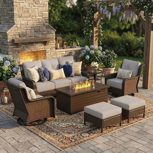 Sundale Outdoor Wicker Patio Furniture Set with Fire Pit, 7 Piece Outdoor Furniture Set with Swivel Chairs, Couch & Ottoman, High Back Patio Conversation Sets with 6" Cushions for Yard, Deck (Grey)