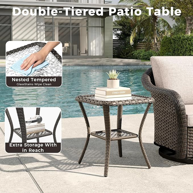 4 PCS Patio Conversation Set | 78" Couch, 2 Swivel Chairs, 1 Side Table， Outdoor Wicker Conversation Furniture with Removable Cushions for Bistro, Deck, Sunroom(Beige)