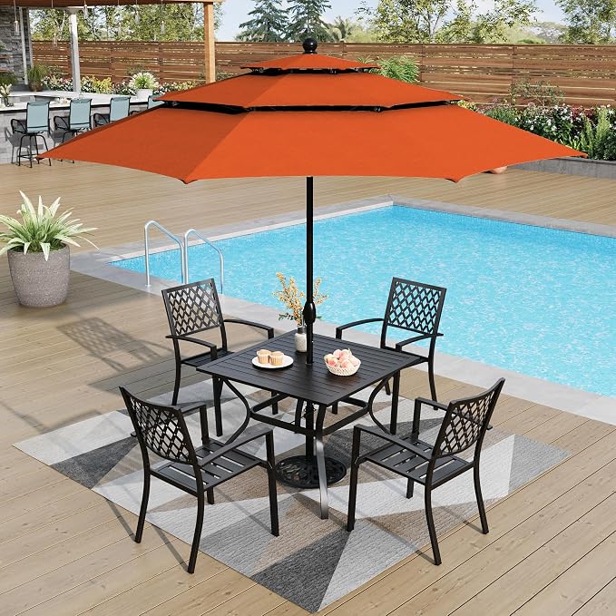PHI VILLA 5 Piece Outdoor Dining Set with 10ft 3-Layer Round Umbrella(Orange Red)