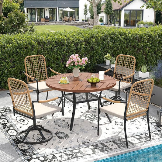 DIFY 5 Pieces Outdoor Dining Set for 4, 40.6" Walnut Round Metal Table with 2 Stackable Wicker Patio Chairs & 2 Swivel Chairs, Patio Furniture Set with Cushions and Umbrella Hole, Wheat Rattan