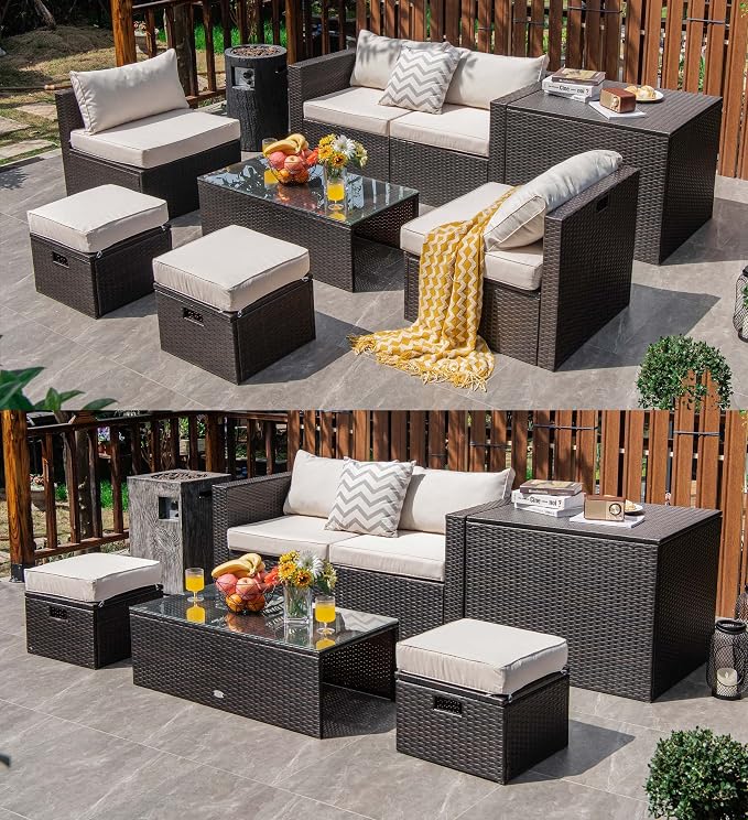 Tangkula 8-Piece Patio Wicker Furniture Set, Patiojoy Outdoor PE Rattan Conversation Set with Storage Box, Tempered Glass Table, 2 Ottomans, 2 Armless Sofas and 2 Corner Sofas, 2 Cushion Covers Set