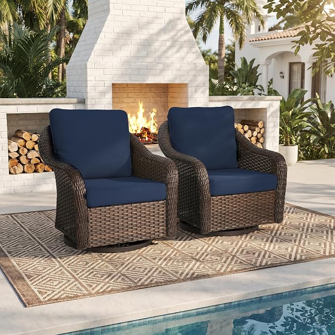 Outdoor Wicker Swivel Chair Set of 2, All-Weather Use Patio Rattan Chair with Seat and Back Cushion, Ideal for Porch, Backyard, Balcony, Poolside, Blue