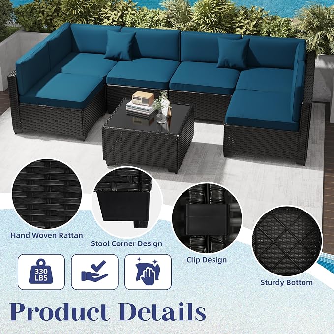 KIGOTY Patio Furniture Set,14 Pieces Modular Outdoor Sectional Sofa, PE Rattan Patio Conversation Set, All Weather Wicker Patio Furniture with Cushions and Coffee Table（Black/Blue）