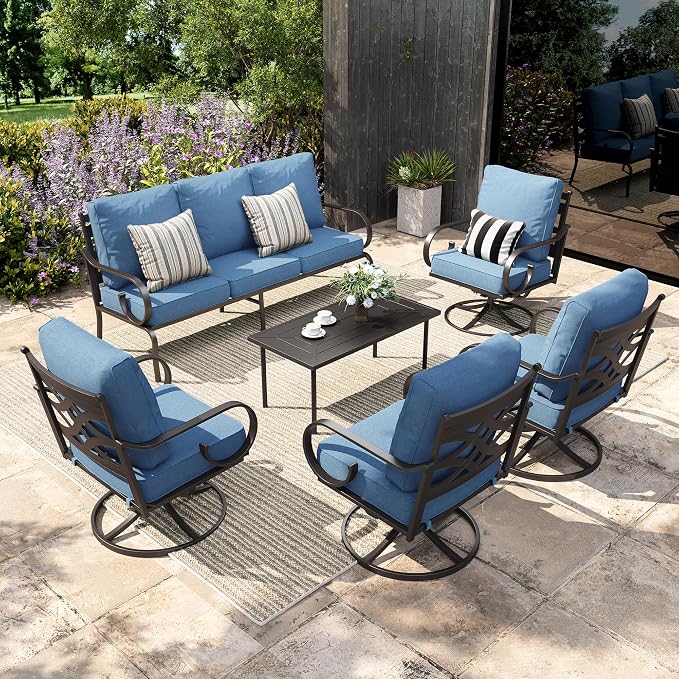 Sophia & William Patio Conversation Set for 7, 3-Seater Sofa, 4 Swivel Chairs and a Coffee Table, Metal Outdoor Furniture with 5.75" Extra Thick Cushions, Navy