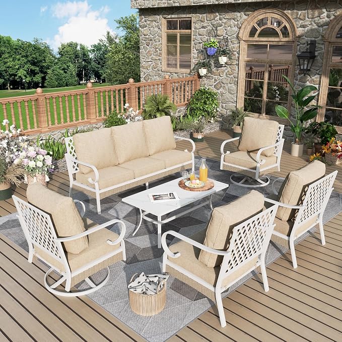 MIXPATIO 6 Piece Patio Furniture Set, 2 x Fixed Chair, 2 x Swivel Chair, 1 x 3-Seat Sofa with Marbling Coffee Table, All Cushioned Outdoor Conversation Set for Lawn Deck Backyard, Beige