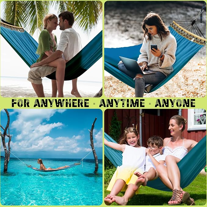 Tranquillo Hammock 2 Person Canvas Portable Hammock with Curved Wood Spreader Bar for Cozy Indoor and Winter Outdoor Use (Blue)