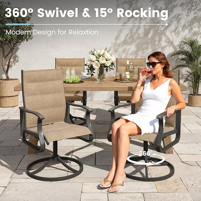 7 Pieces Patio Dining Set, Padded Patio Outdoor Furniture Set of 6 Patio Swivel Dining Chairs and Patio Spliced Rectangular Tabletop with Umbrella Hole, for Deck, Backyard, Poolside & Garden