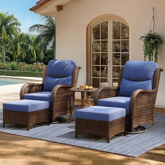 HILLGA Luxury Outdoor Patio Furniture Set with 6-Inch Thick Cushions, High Back Wicker Swivel Rocker Chairs, 5 Pcs All Weather Chairs Set for Small Porch, Deck and Sunroom, Blue (V3)