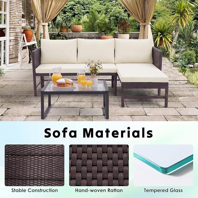 Tappio 3 Pieces Patio Furniture Sectional Sets, 3-Piece Outdoor PE Rattan Furniture Sets, Outdoor All-Weather PE Rattan Wicker Lawn Conversation Sets with Cushion and Glass Table