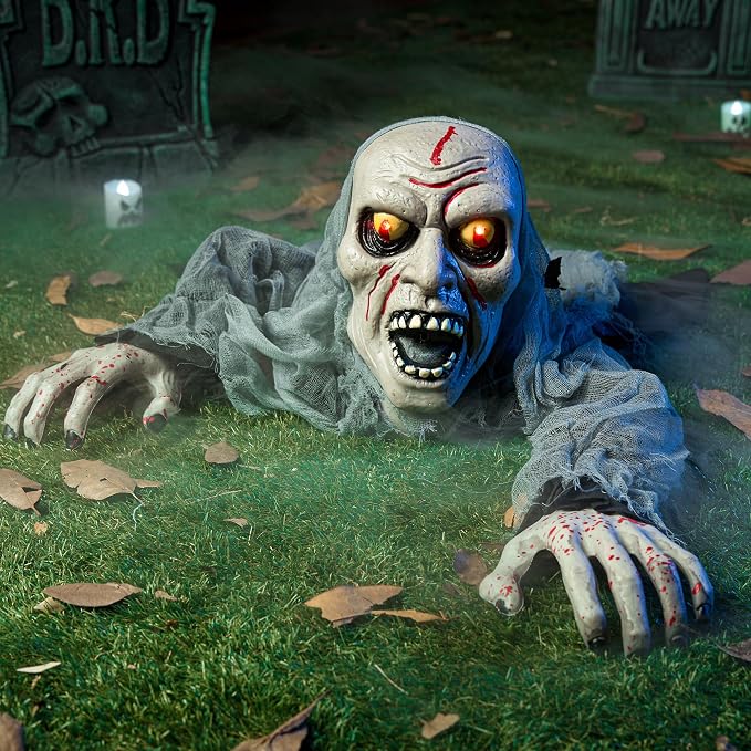 JOYIN Halloween Decorations Outdoor Light-Up Zombie Groundbreaker with bloodstain and Creepy Sound for Halloween Outside Decor, Lawn, Yard, Patio, Graveyard Decoration, Haunted House Prop