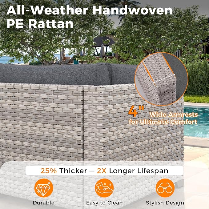 6-Piece Outdoor Patio Furniture Set, All-Weather Wicker Sectional Sofa with Deep Seating 4” Cushions, Heavy-Duty Steel Frame, Modular Rattan Couch for Backyard, Deck & Garden, Black